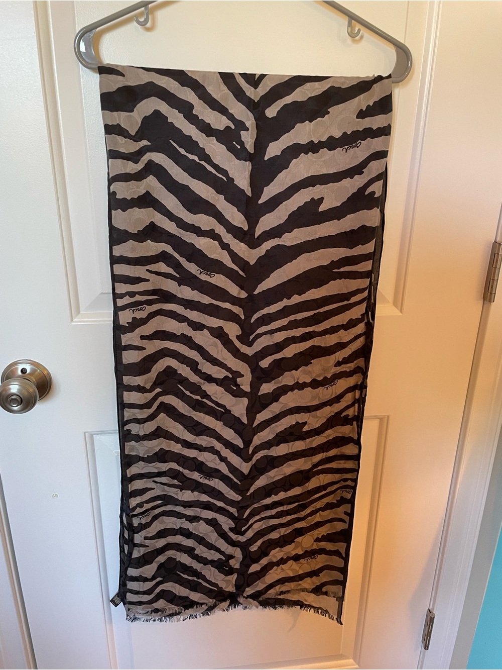 Coach Zebra Stripe Logo Scarf in Black and Gray - Picture 5 of 10